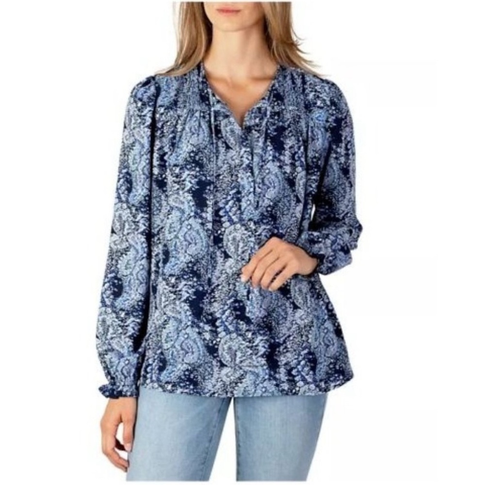 Joie Blue Paisley Boho Peasant Blouse Size Large Flowy Top EUC‎